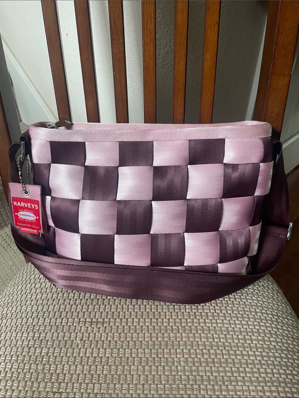 Harveys Candy Apple LTD Pink and Plum Checkerboard Woven Crossbody Bag